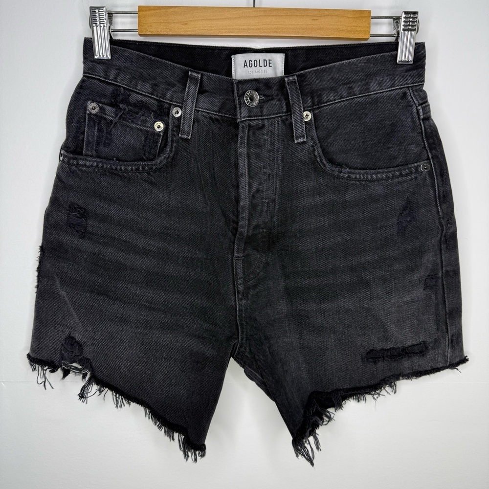 AGOLDE Riley Black Vortex Distressed Denim High Rise Shorts - Picture 2 of 7